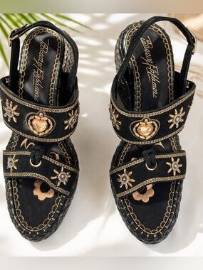 Beverly Feldman Black Embellished Wedge Sandals with Jewel Accents